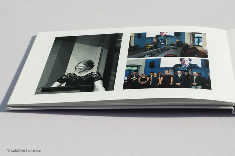 Lay-flat Photo Book. PhD Defence ceremony and a reception documented in a rectangular book with a hard cover. Vlakliggend Fotoboek. Professionele promotiefotografie inclusief een fotoalbum.